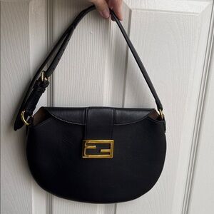 Fendi Black Leather Shoulder Bag with Gold FF Logo Clasp